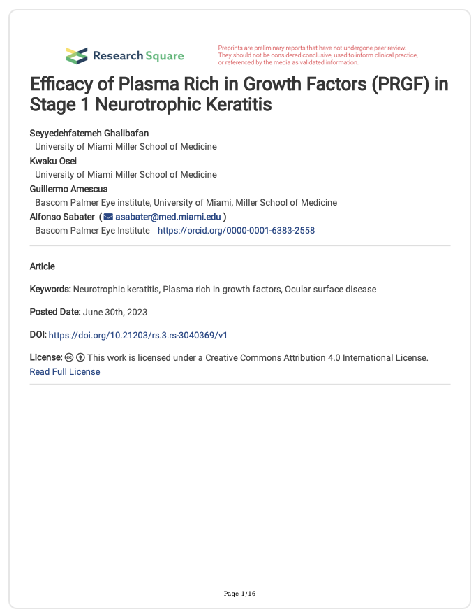 Efficacy of Plasma Rich in Growth Factors (PRGF) in Stage 1 Neurotrophic Keratitis