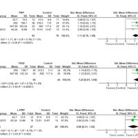 Figure 4 Meta-analysis of the studies evaluating bone density. (a) PRP, (b) PRGF, (c) L-PRP. SE: standard error; SMD: standardized mean difference; CI: confidence interval.