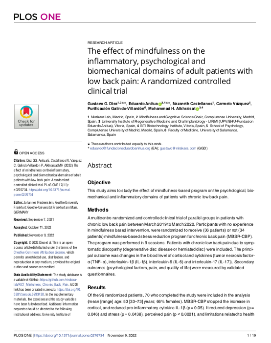 The effect of mindfulness on the inflammatory, psychological and biomechanical domains of adult patients with low back pain: A randomized controlled clinical trial