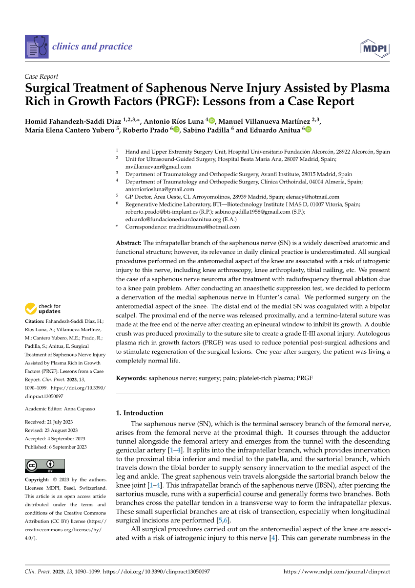 Surgical Treatment of Saphenous Nerve Injury Assisted by Plasma Rich in Growth Factors (PRGF): Lessons from a Case Report