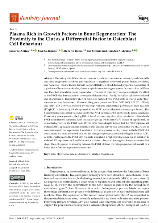 Plasma Rich in Growth Factors in Bone Regeneration: The Proximity to the Clot as a Differential Factor in Osteoblast Cell Behaviour